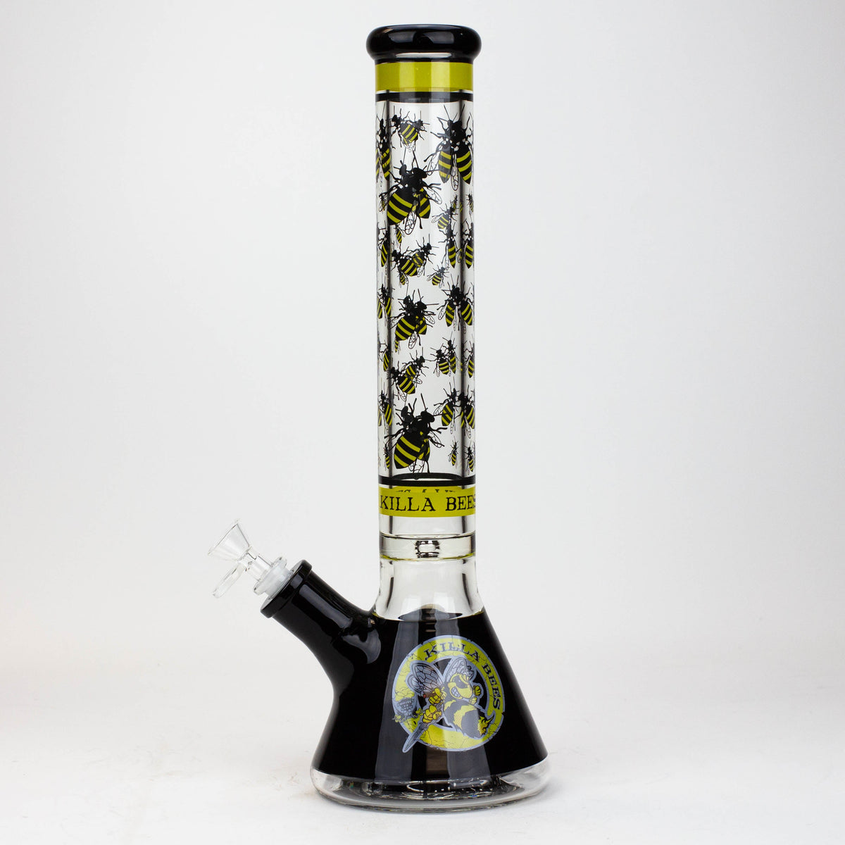 Side View of the 15.5 Inch Killa Bees Pyramid Beaker Bong by Infyniti Glass