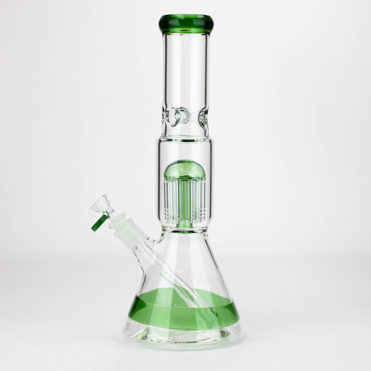 Side View of the green Infyniti 14 Inch 8-Arms Tree Perc Bong