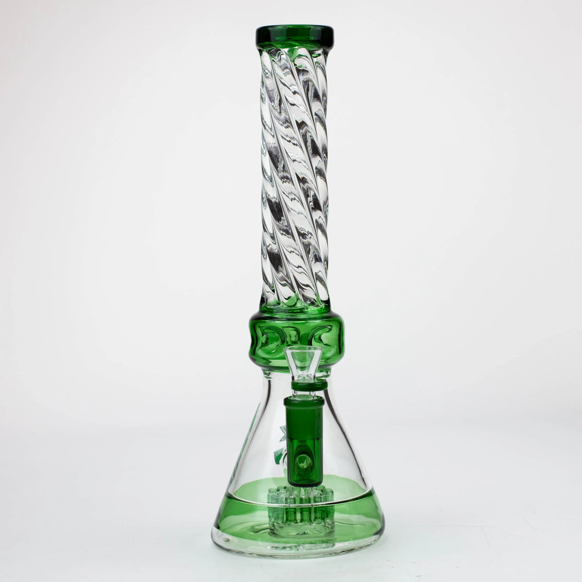 Front View of the 14 Inch Green Spiral Beaker Bong with 12 arm perc from Nice Glass