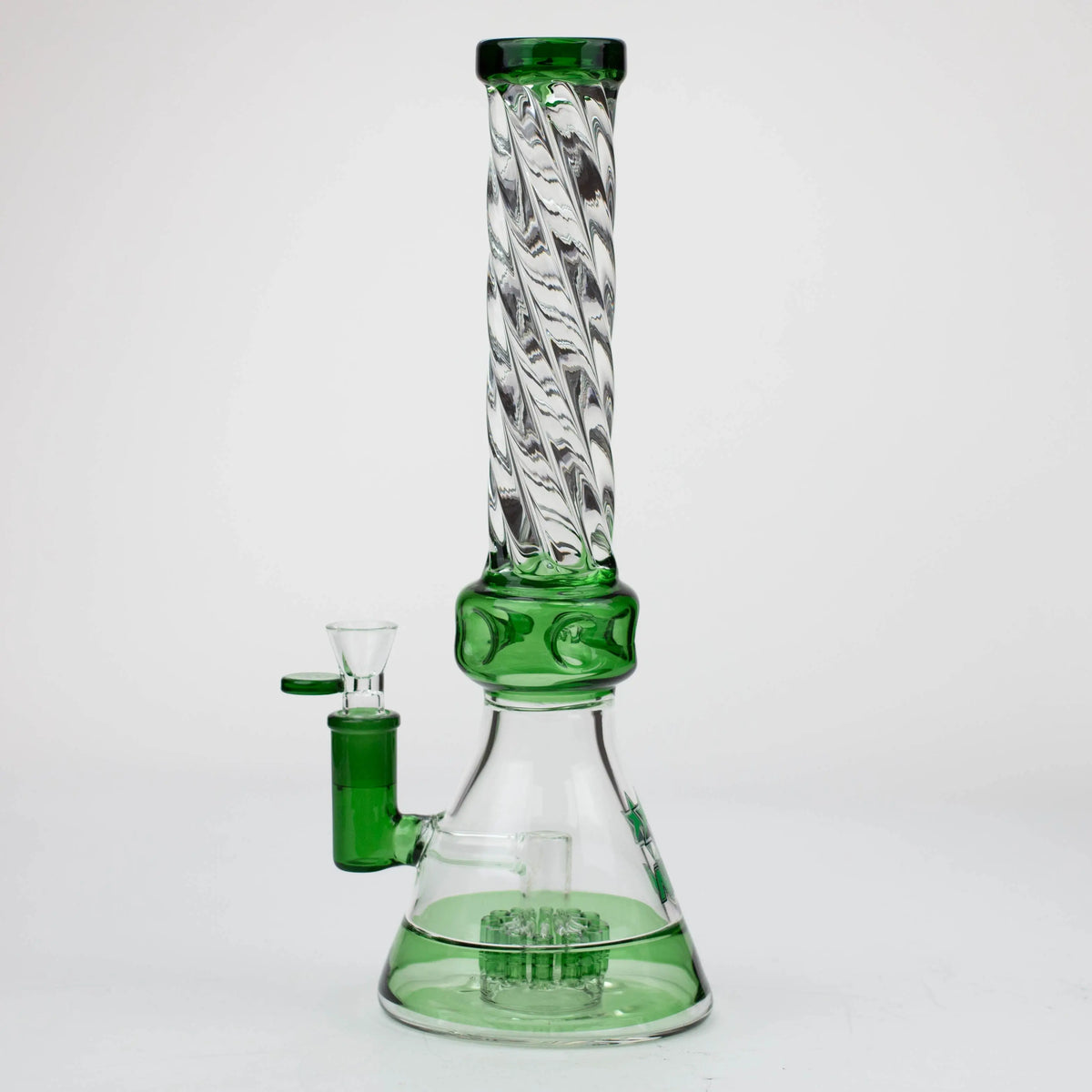 Side View of the 14 Inch Green Spiral Beaker Bong with 12 arm perc from Nice Glass