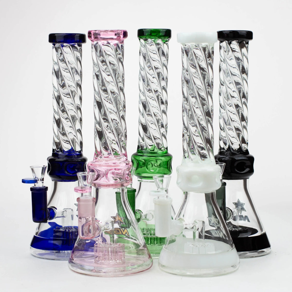 Four 14 Inch Spiral 12-Arm Tree Perc Beaker Bongs in different colors from Nice Glass