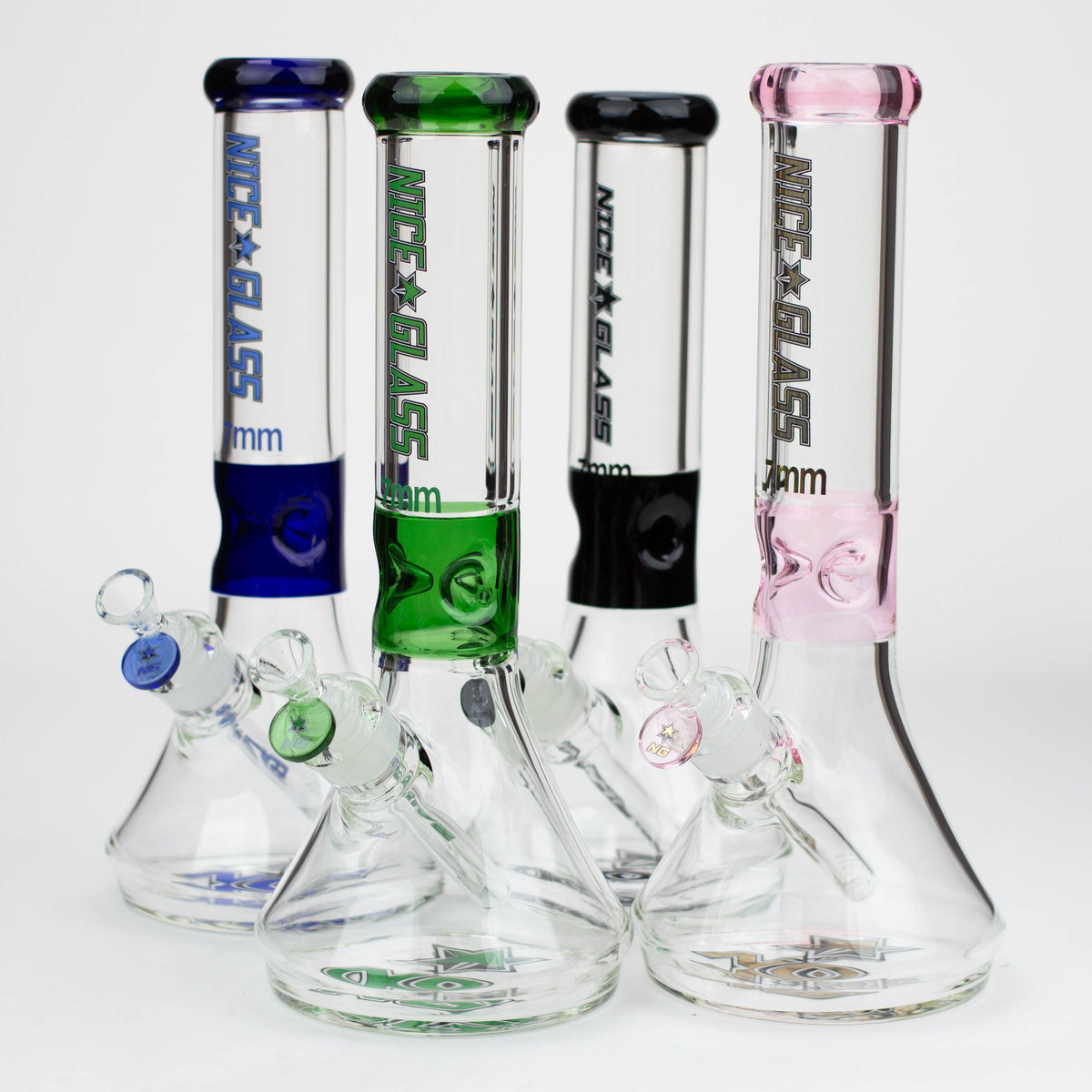 Four 13 Inch Flat Base Beaker Bongs in 7mm from Nice Glass