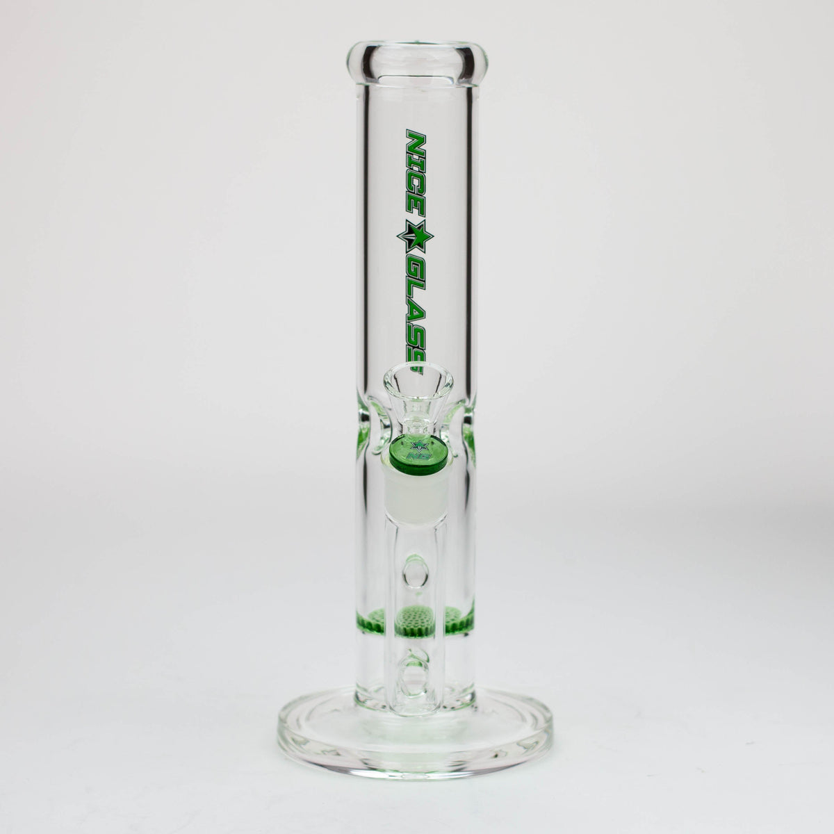 Front view of the nice glass straight tube bong with honeycomb perc in 12 inches