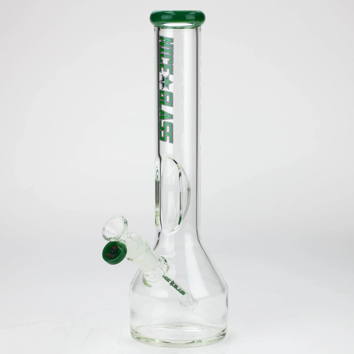 Side View of the green Nice Glass 13 inch Elbow Ice Bong