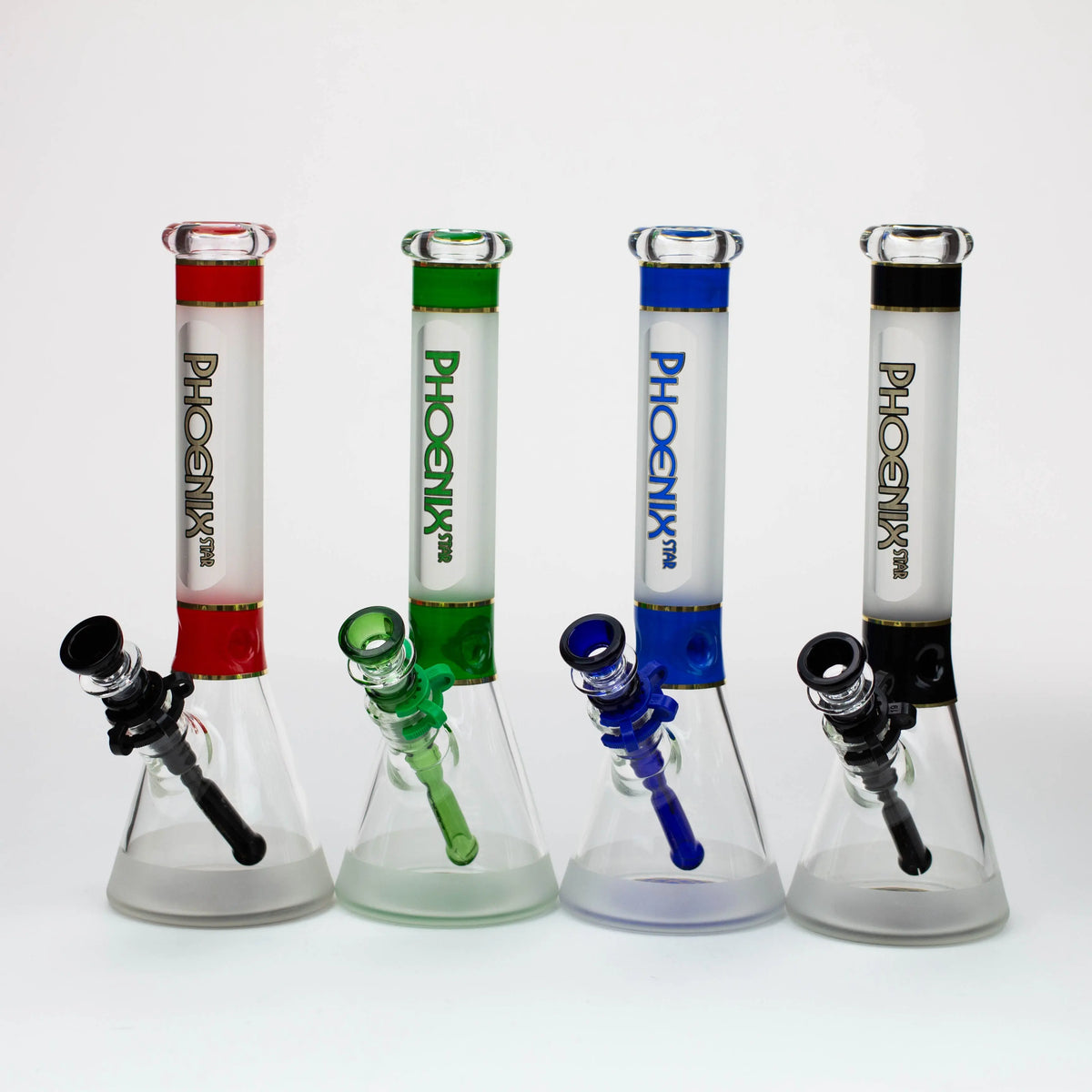 Four 13 Inch Sandblasted Beaker Bongs in different colors from Phoenix Star