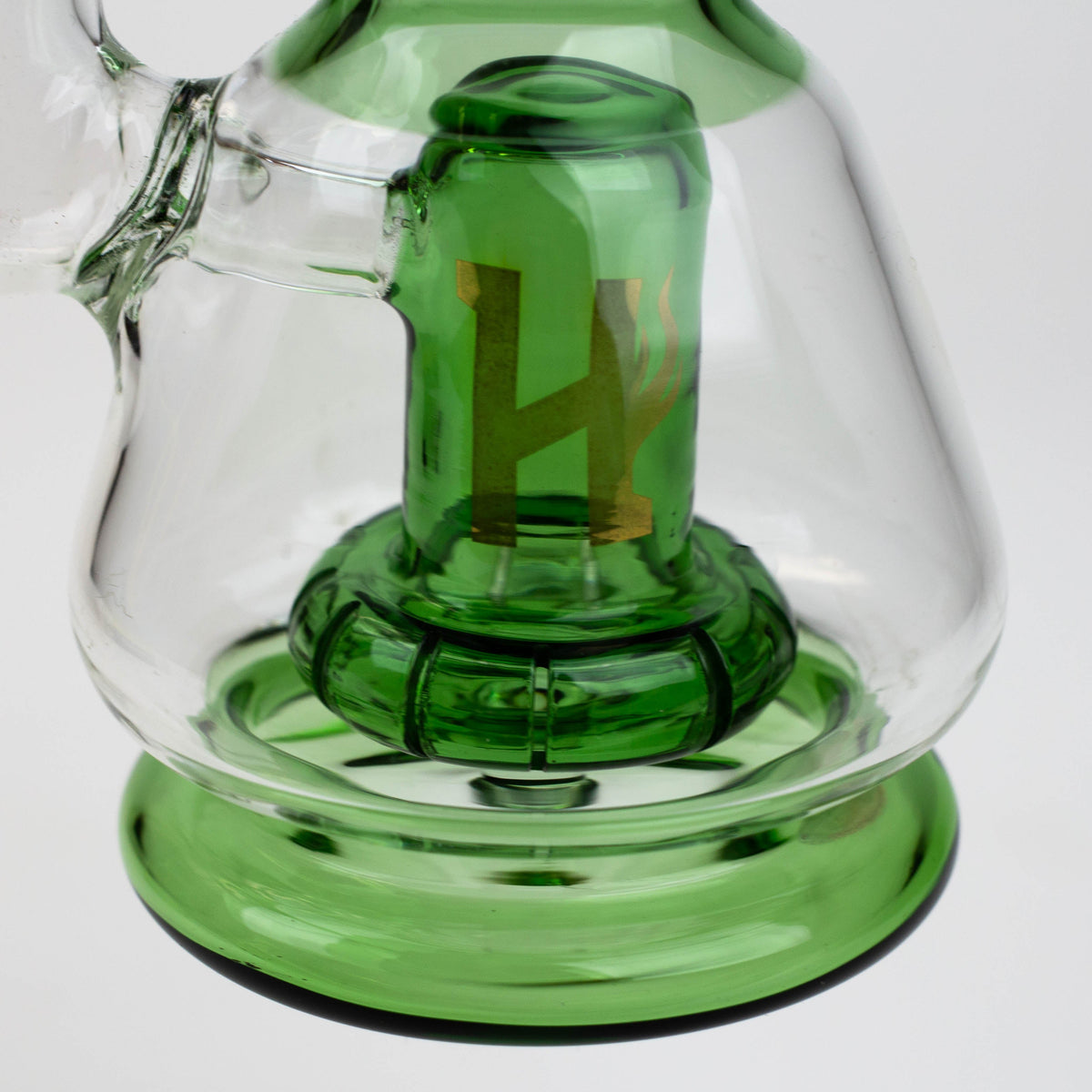 Base View of the 6.5" HAZE Glass Bong With Showerhead Diffuser in Green