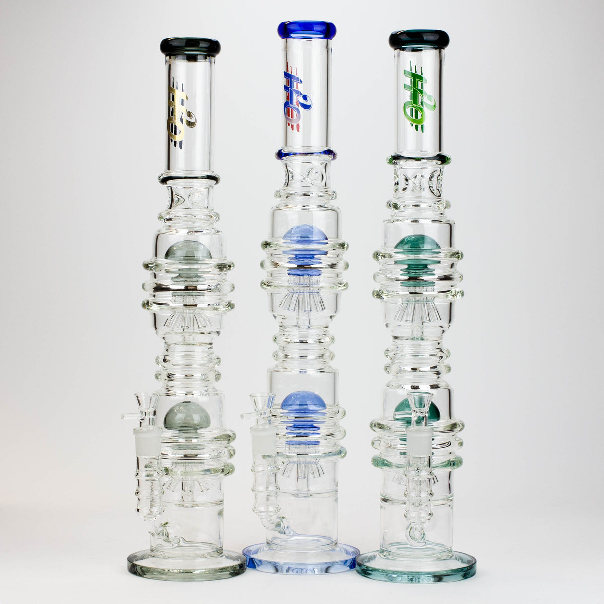 Three H20 21" Dual Percolator Glass Bongs Side By Side