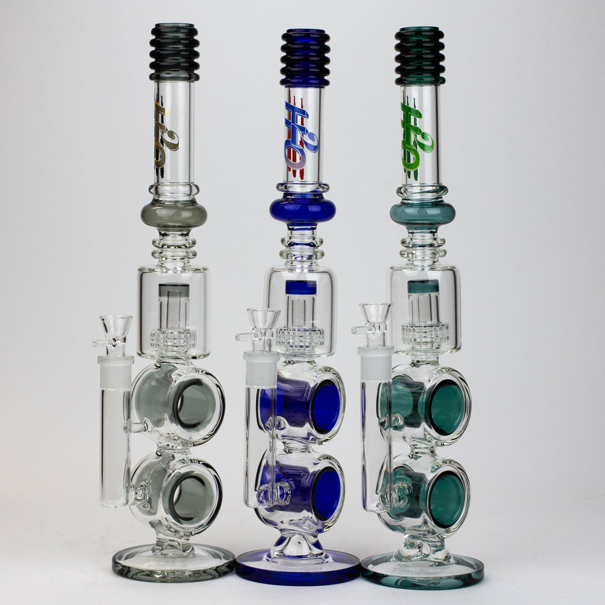 17" H2O Double Ring Glass Recycler Bong with showerhead percolator