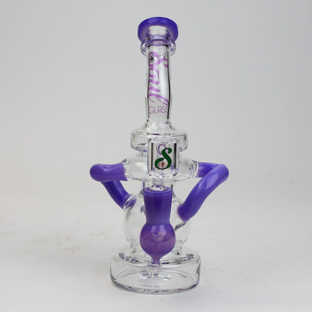 Front View of the 8 inch SOUL Glass Purple Recycler Hybrid Dab Rig 