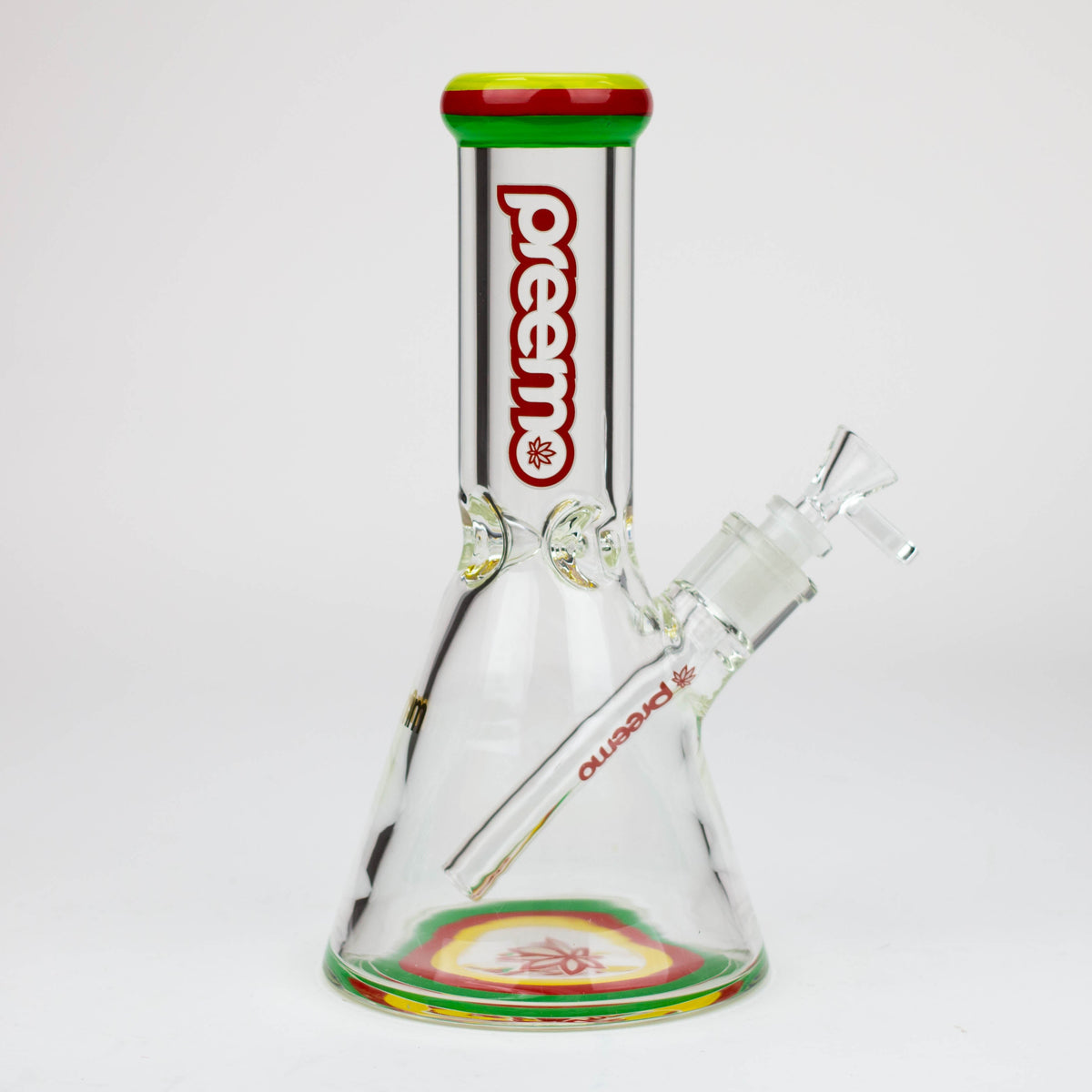 side view of the red preemo 10 inch triple band beaker bong