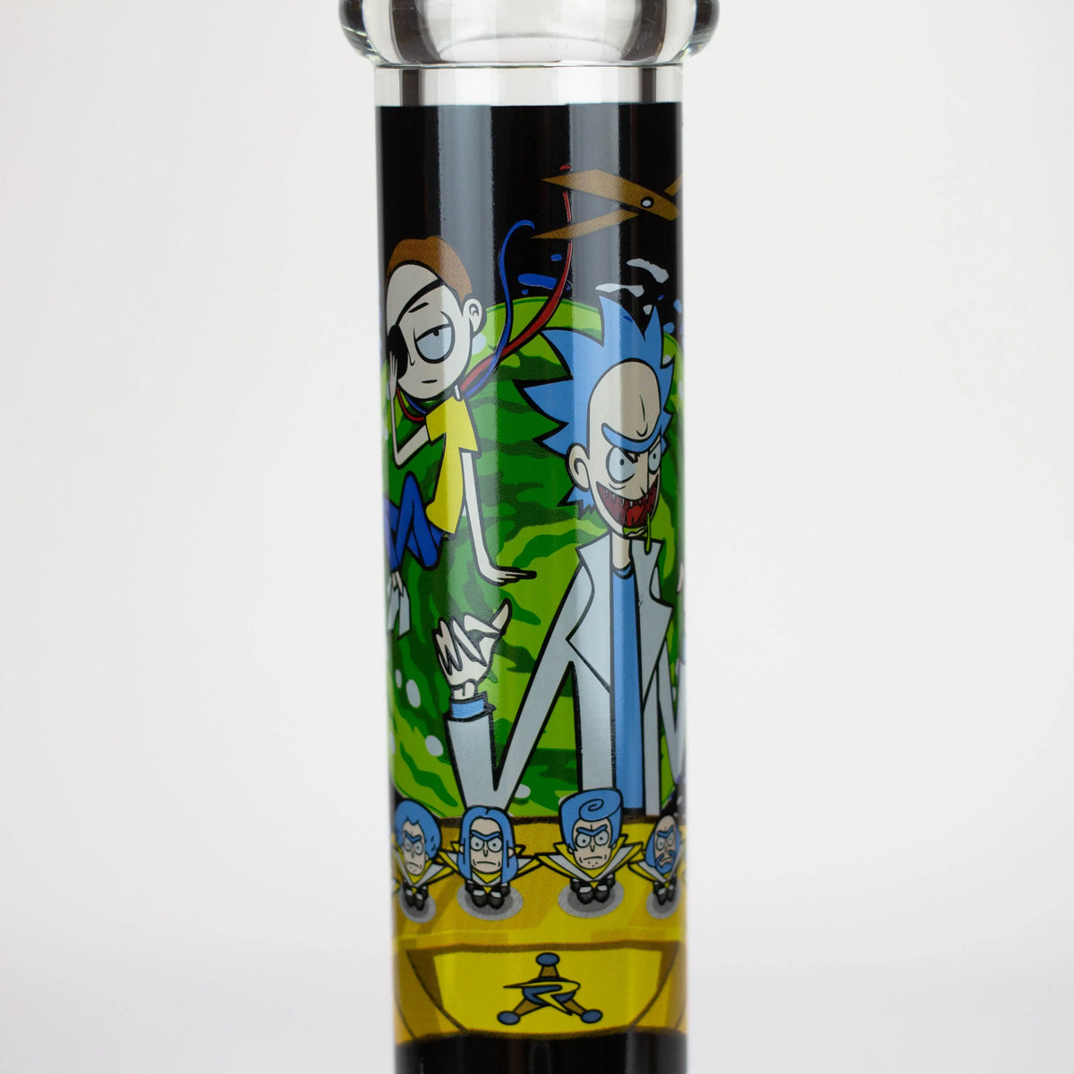 Crazy Rick Design on the glass neck of the 14” Rick And Morty Scientific Beaker Bong