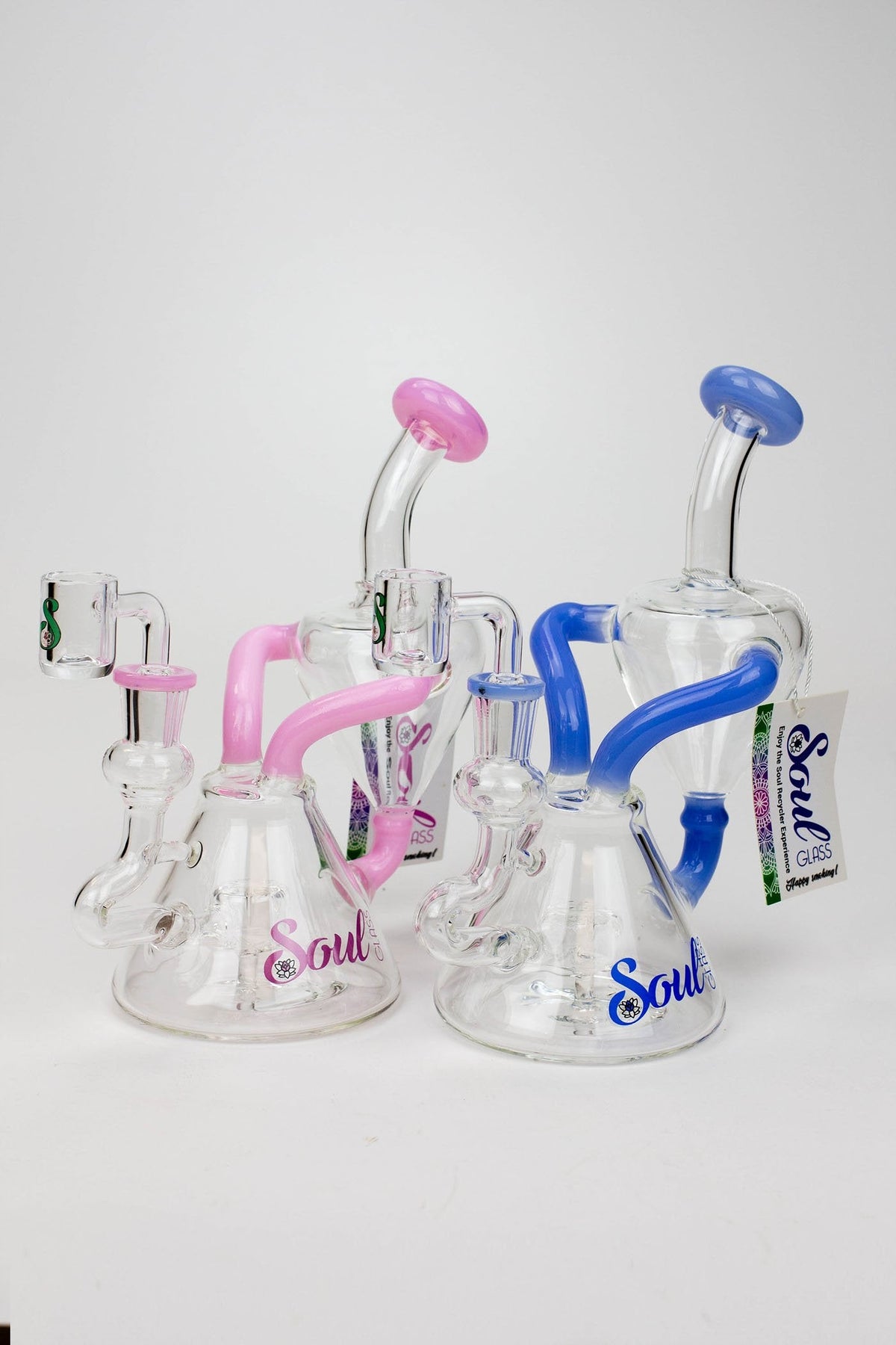 Two 8 inch SOUL Glass 2-in-1 Recycler Dab Rig Hybrid And Bong Combo in Pink And Blue