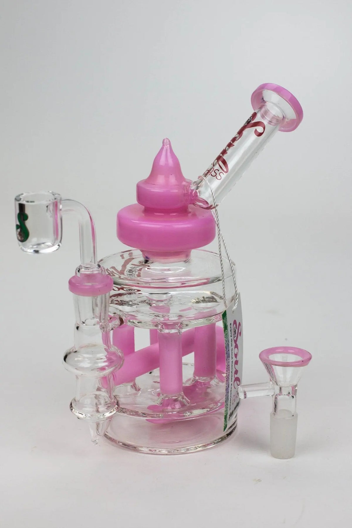 SOUL Glass 8 inch Cube Chamber Recycler Dab Rig Hybrid with glass bowl and quartz banger in Pink