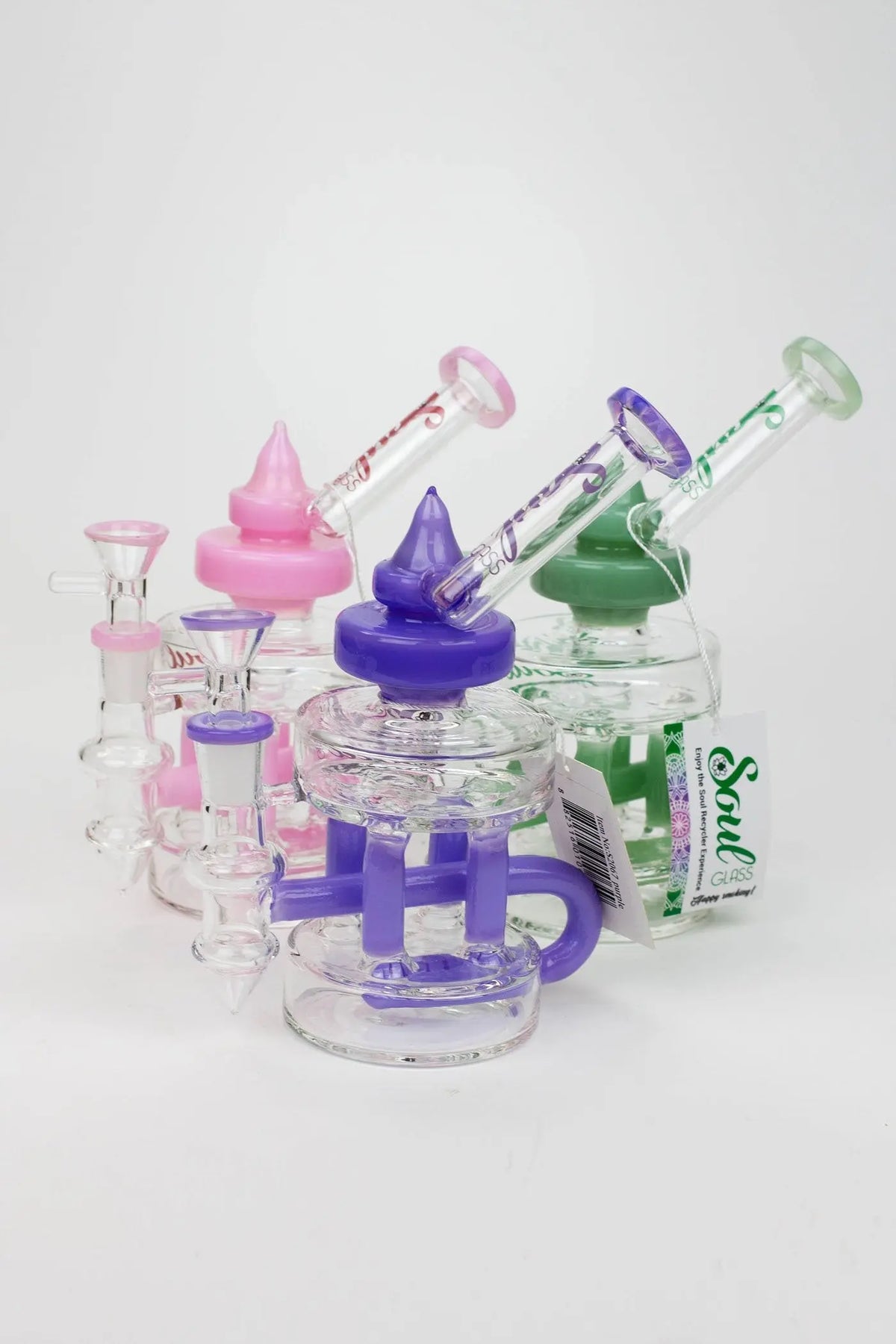 Three SOUL Glass 8 inch Cube Chamber Recycler Dab Rig Hybrid with Glass Bowl Pieces For Dry Herb