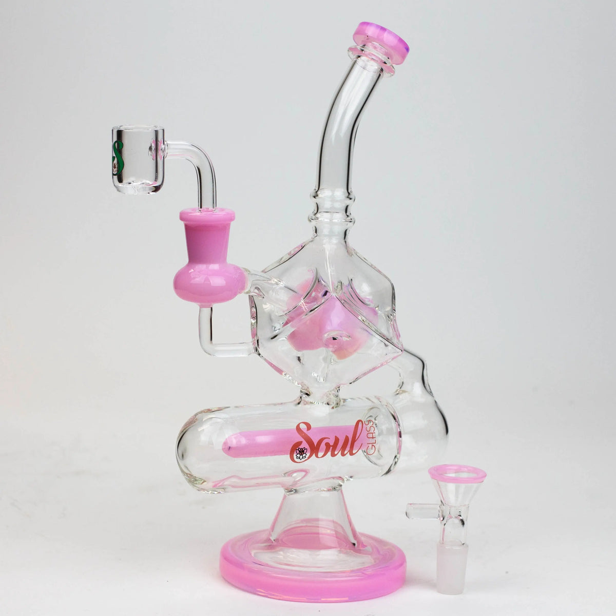 Pink SOUL Glass 9 Inch Inline Diffuser Dab Rig Hybrid with Bowl Piece and Quartz Banger