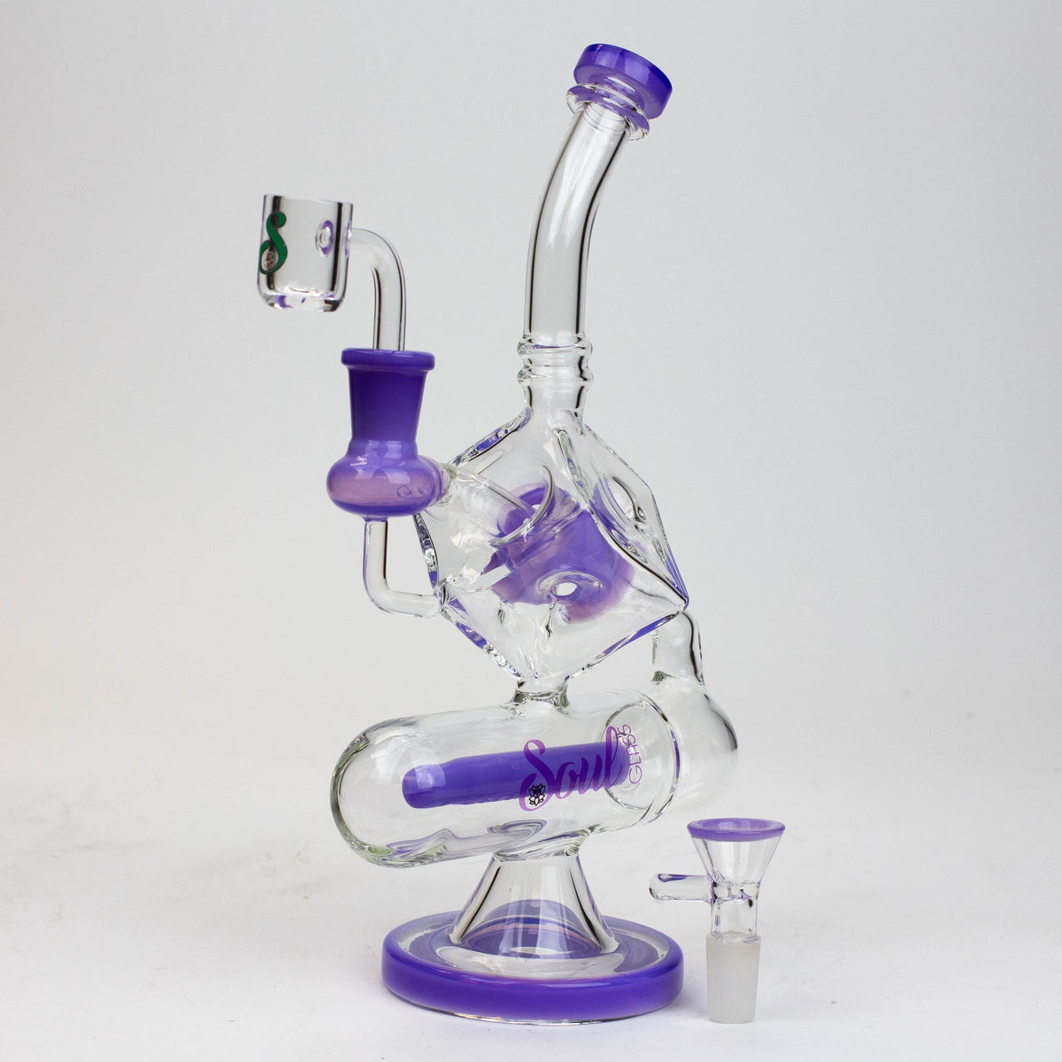 Purple SOUL Glass 9 Inch Inline Diffuser Dab Rig Hybrid with Bowl Piece and Quartz Banger for shatter