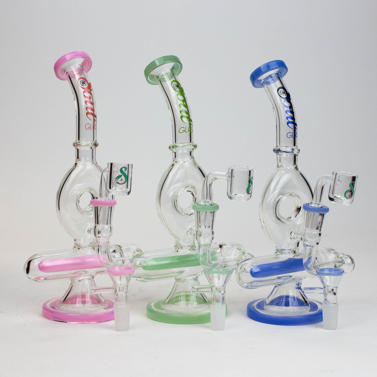 Three 8-inch SOUL Glass Donut Recycler Dab Rig Hybrids