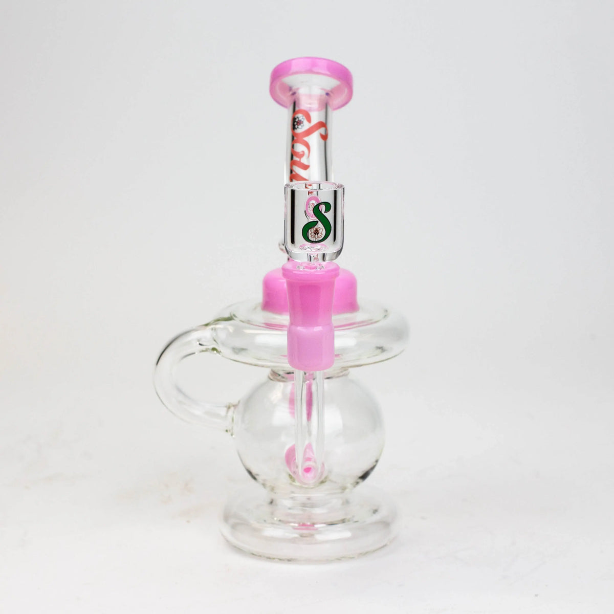 Front View of the SOUL Glass 8 inch Recycler Dab Rig And Bong Combo in Pink