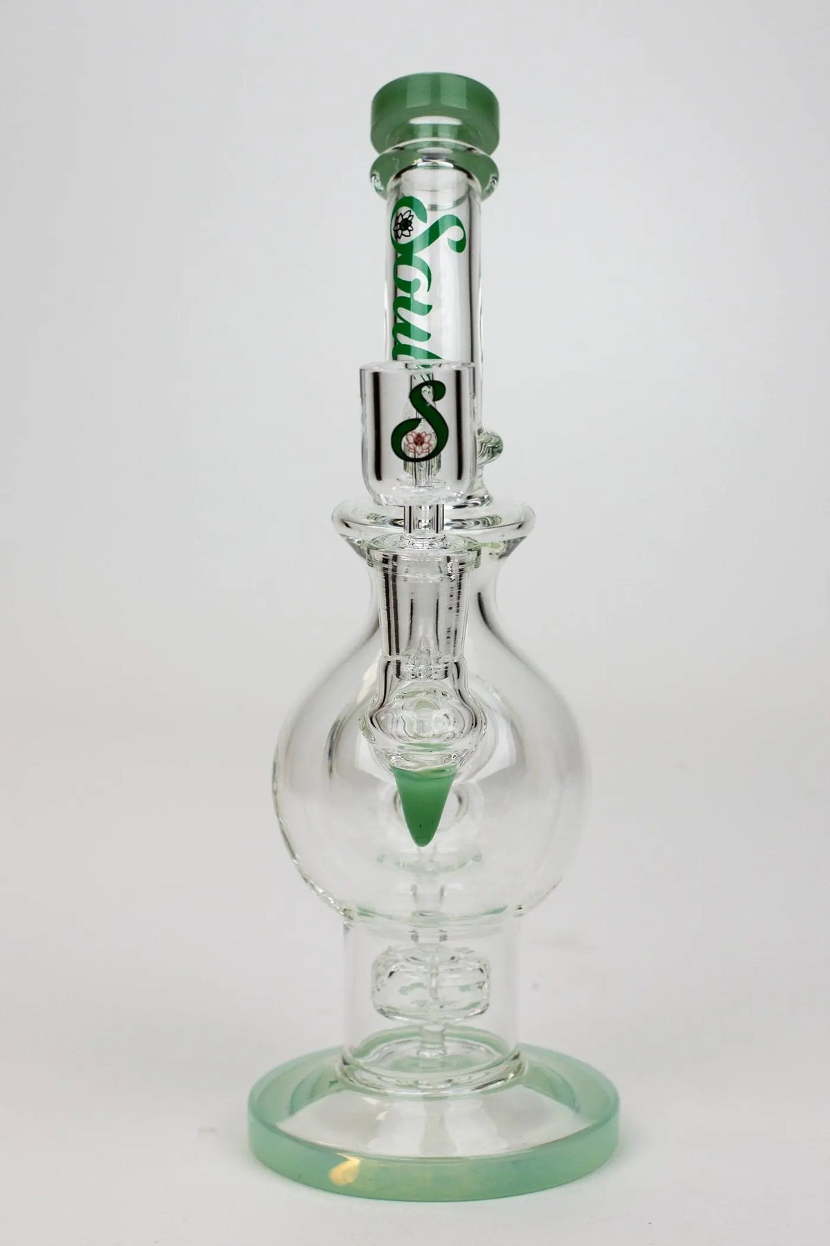 Front View of the green SOUL Glass 9.5 inch Sphere Recycler Dab Rig Hybrid