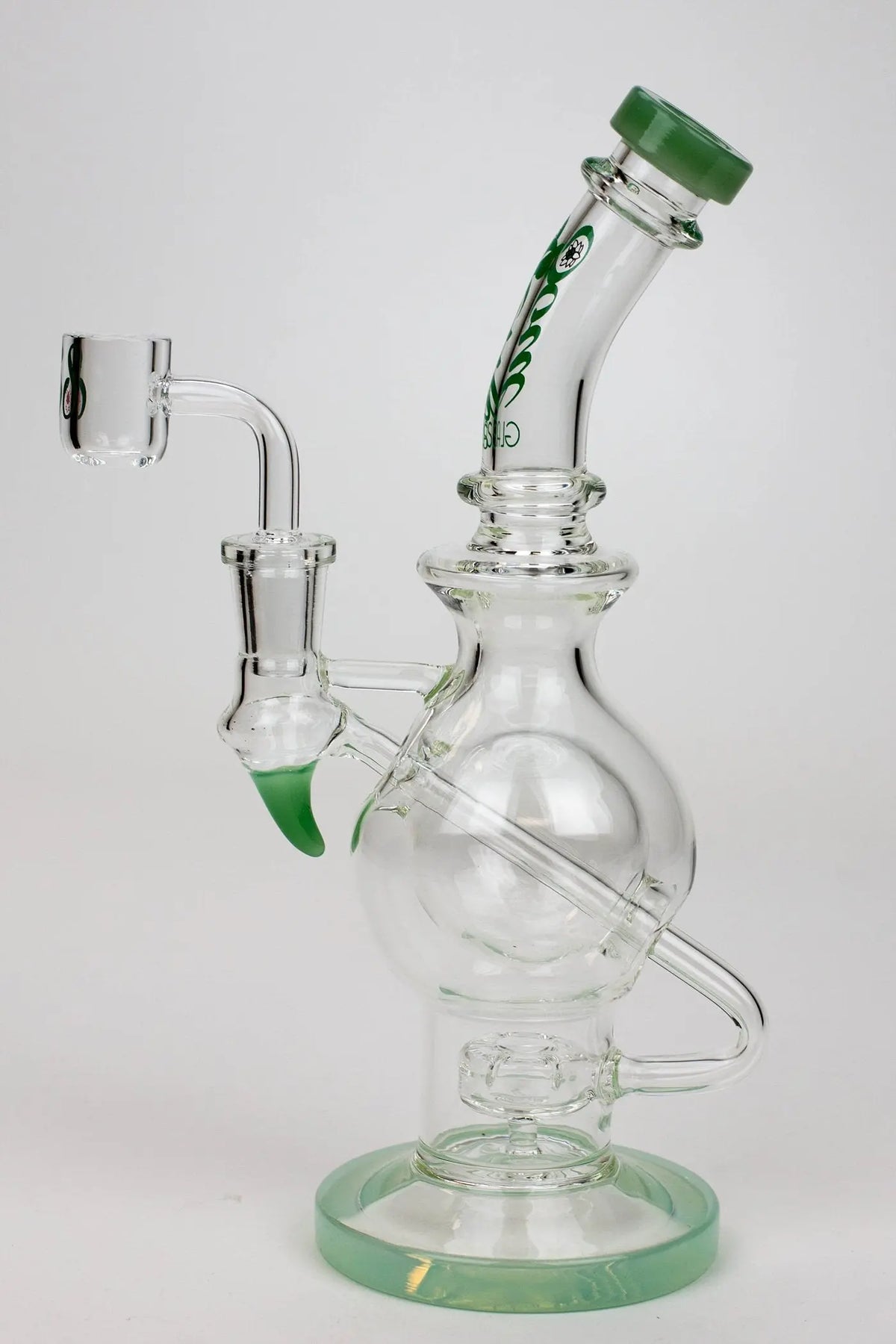 Side View of the green SOUL Glass 9.5 inch Sphere Recycler Dab Rig Hybrid