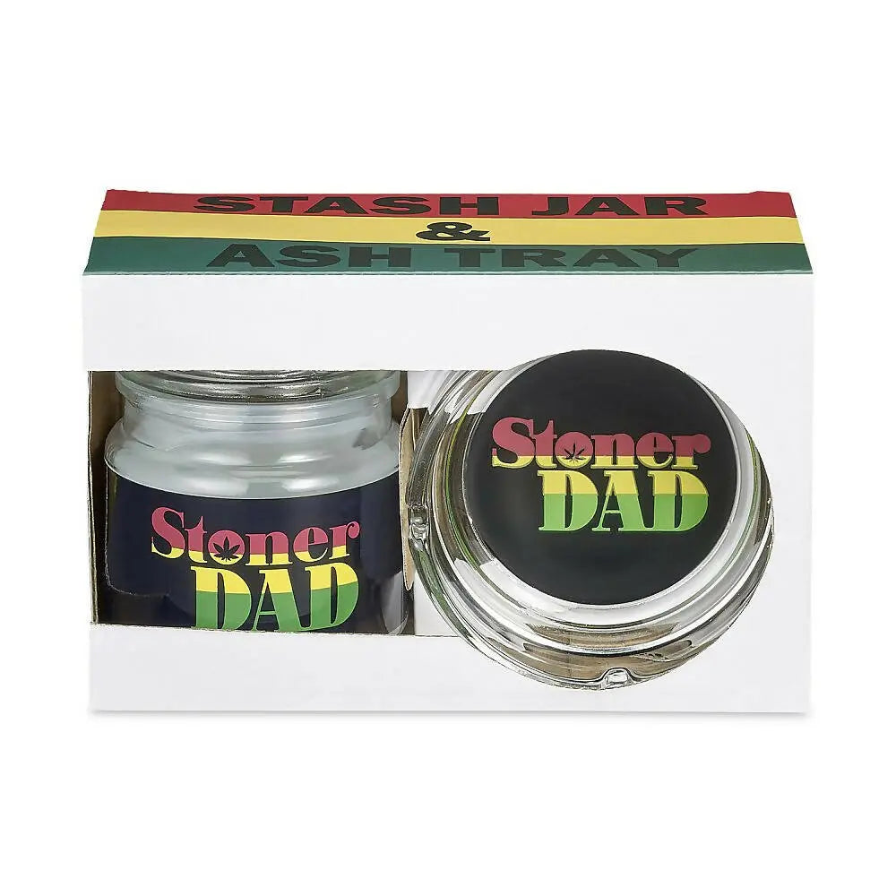 Stoner Dad 420 Gift Set with rasta stash jar and ashtray in packaging