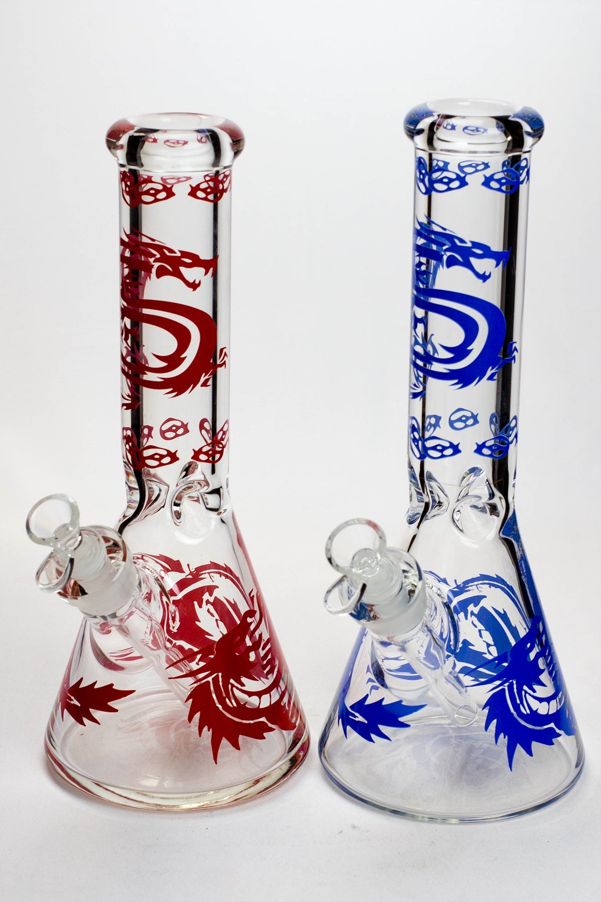 Two 12 Inch Thick Dragon Beaker Bongs in Red and Blue