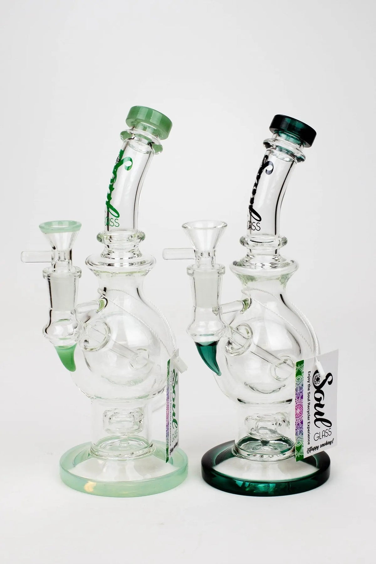 SOUL Glass 9.5 inch Sphere Recycler Dab Rig Hybrids in green and Black