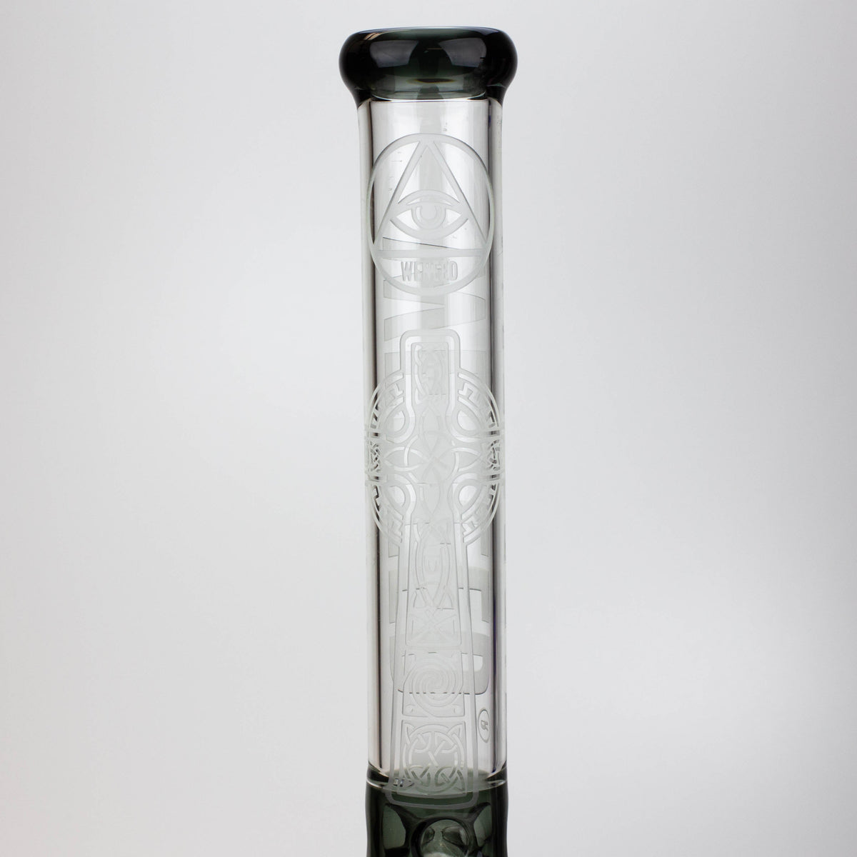 WENEED Design on the glass neck of the 18-inch Clear Crucifix Beaker Bong 