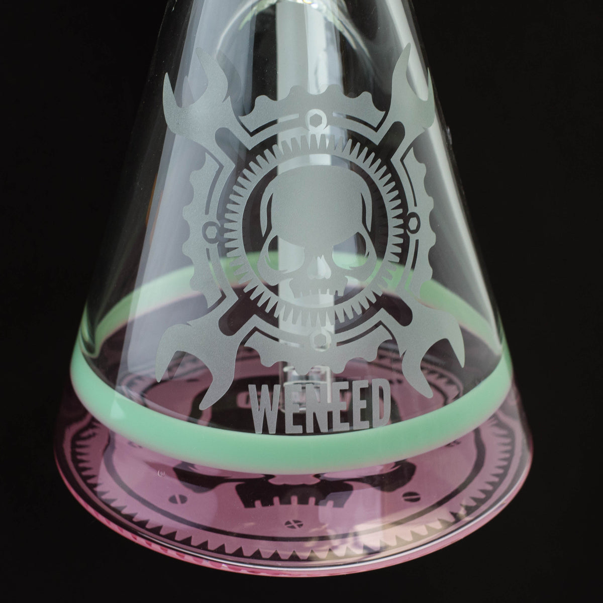 WENEED Logo on the glass base of the High Gear 19 inch Beaker Bong