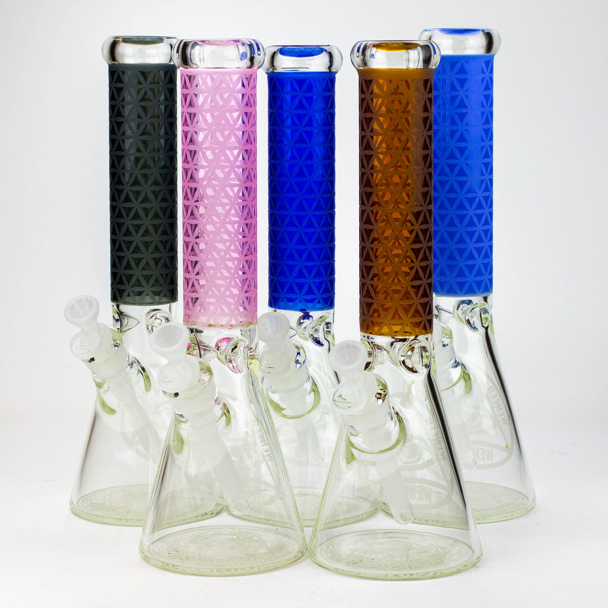 Five 14-Inch WENEED Vector Grid Beaker Bongs pictured side-by side.