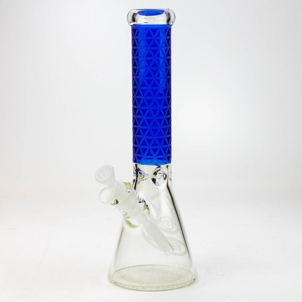 Blue 14-Inch WENEED Vector Grid Beaker Bong viewed at angle.