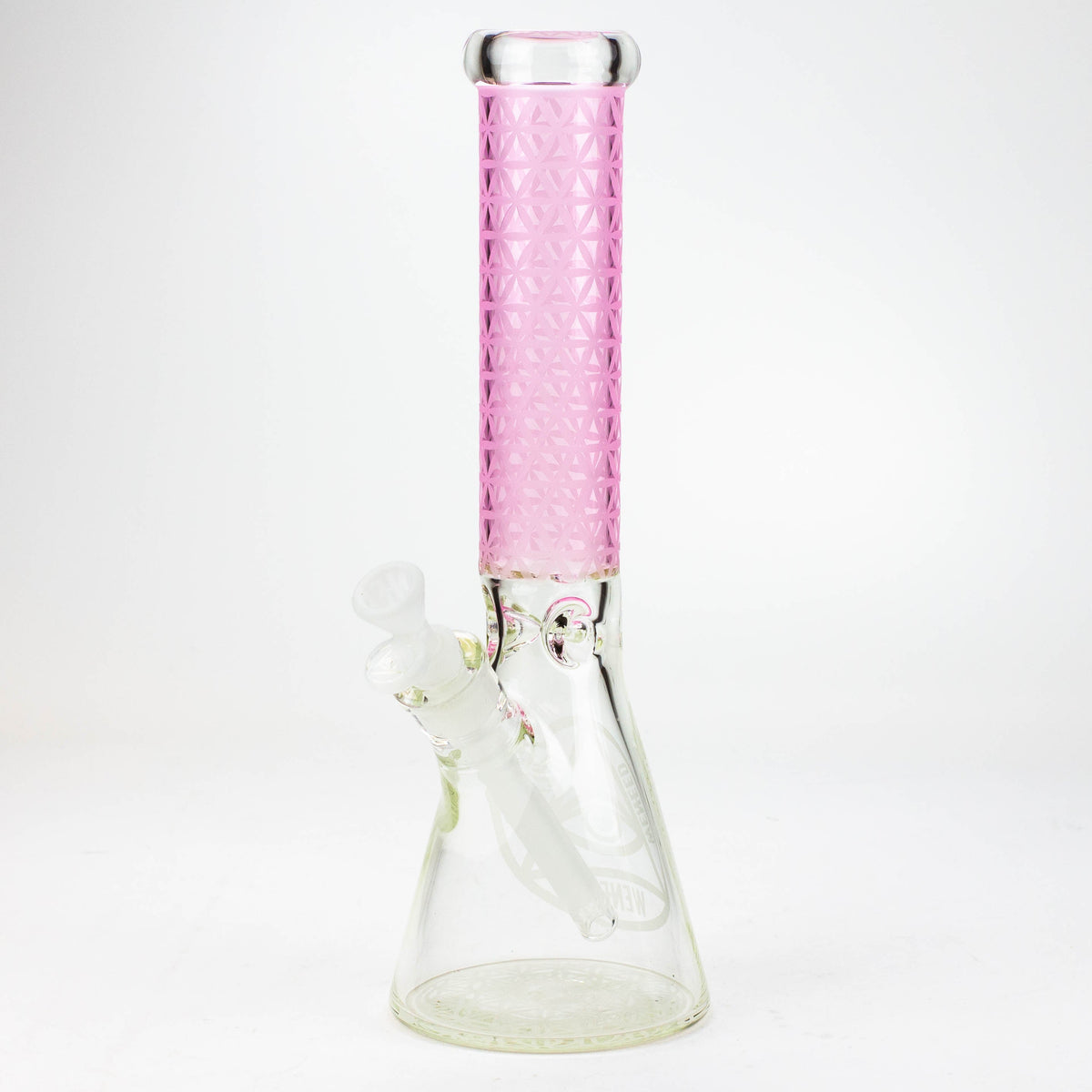 Pink 14-Inch WENEED Vector Grid Beaker Bong viewed at angle.