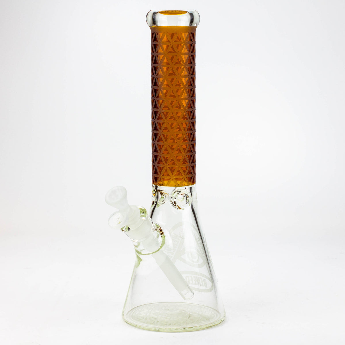 Orange 14-Inch WENEED Vector Grid Beaker Bong viewed at angle.